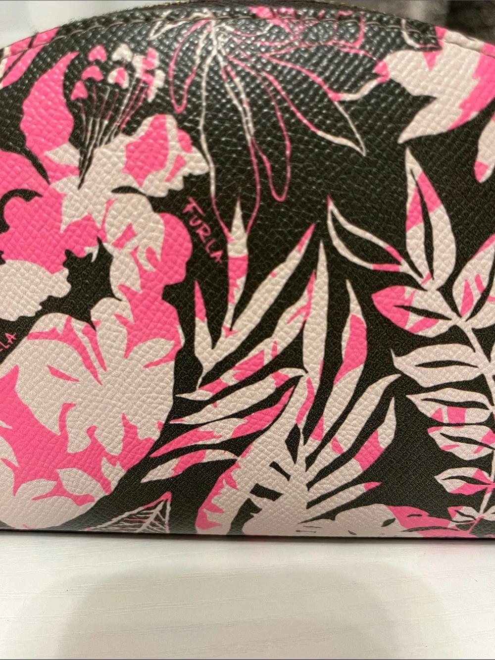 Furla Black & Pink Tropical Leaf Cosmetic, Makeup Pouch